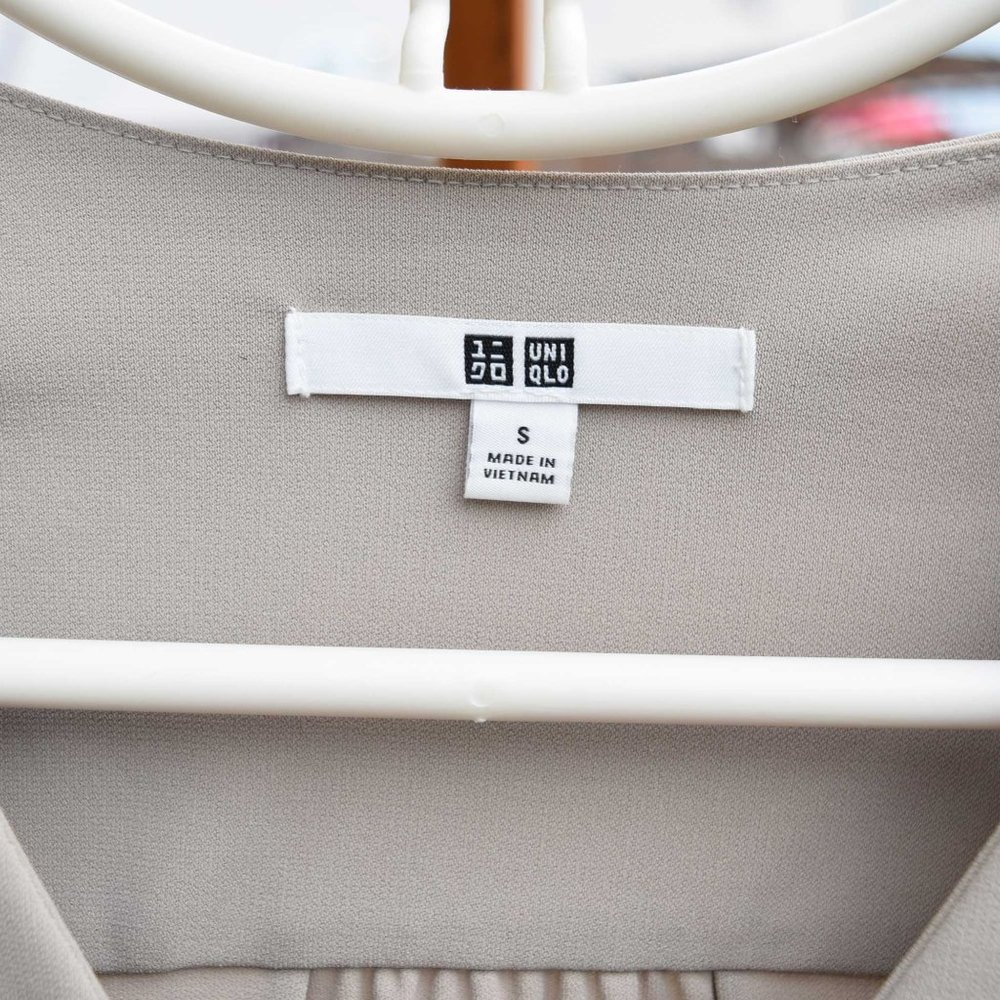 Uniqlo Solid Khaki Dress Long Sleeve - V Neck Shirt Dress - Picture 2 of 5